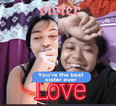 a woman smoking a cigarette and a man smiling with the words " you 're the best sister ever love "