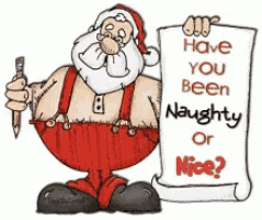 a cartoon of santa claus holding a pen and a sign that says have you been naughty or nice