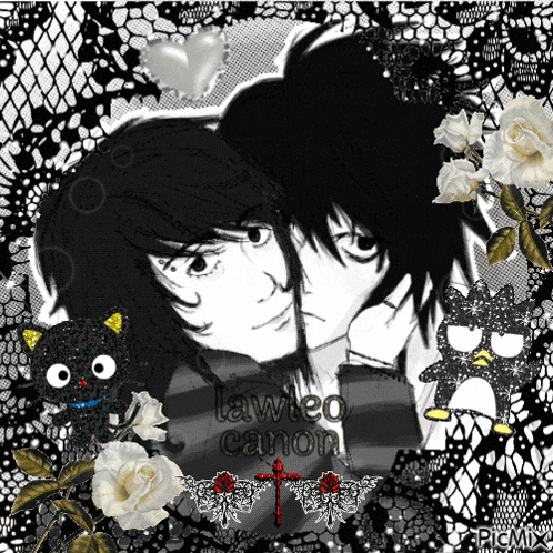 a black and white drawing of a boy and girl with lawted canon written on the bottom right