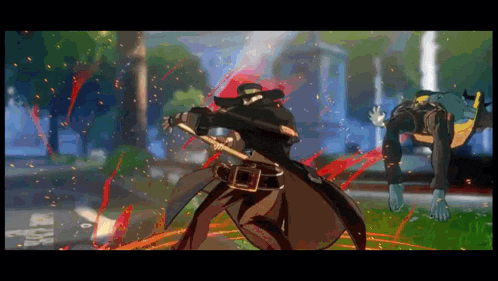 a man in a cowboy hat is holding a sword in a video game while another man is laying on the ground .