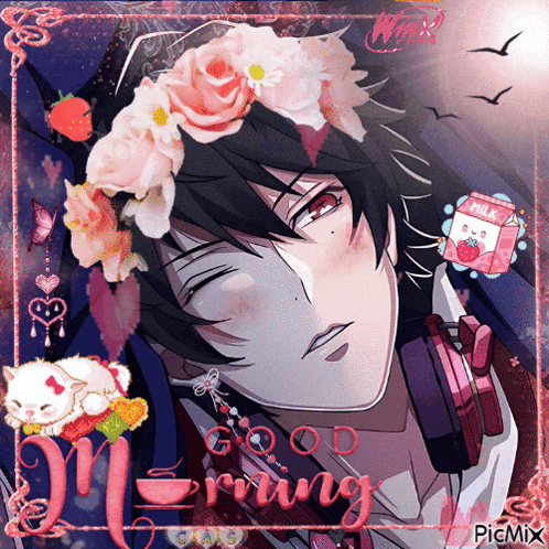a picture of a boy with a flower crown on his head and the words good morning written on the bottom