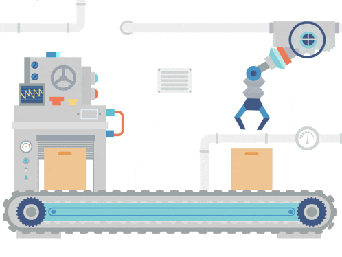 an illustration of a conveyor belt with boxes on it and a machine with the letter nn on it