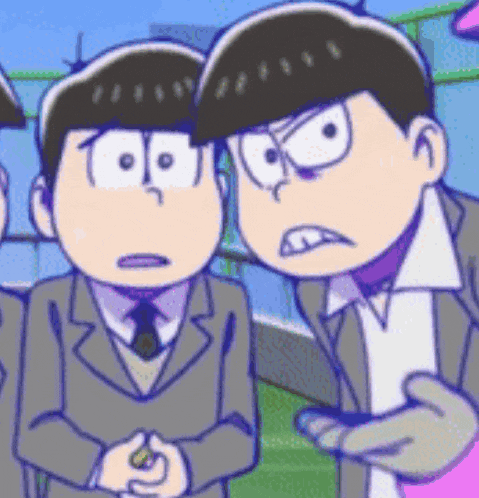 two cartoon characters in suits and ties are standing next to each other and making funny faces .