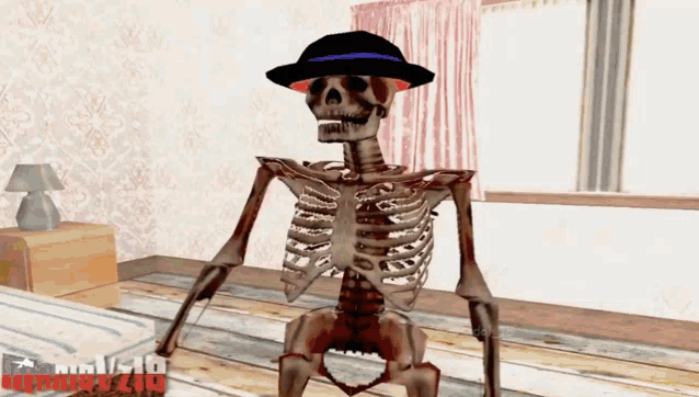 a skeleton wearing a hat is standing in a room with a watermark that says ' mexico 2010 ' on it