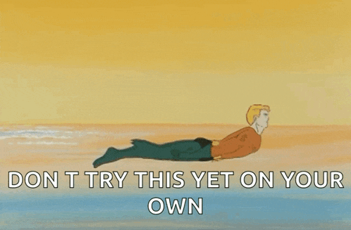 a cartoon of a man riding a wave with the words " i dont try this yet on your own "