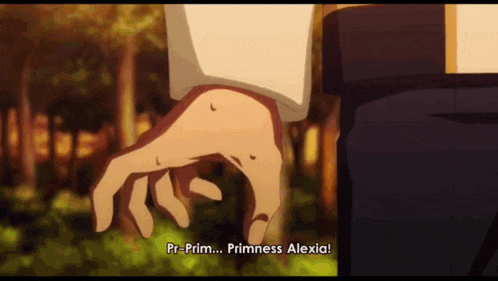 a person 's hand is reaching out towards another person 's leg and says pri-prim ... primness alexia !