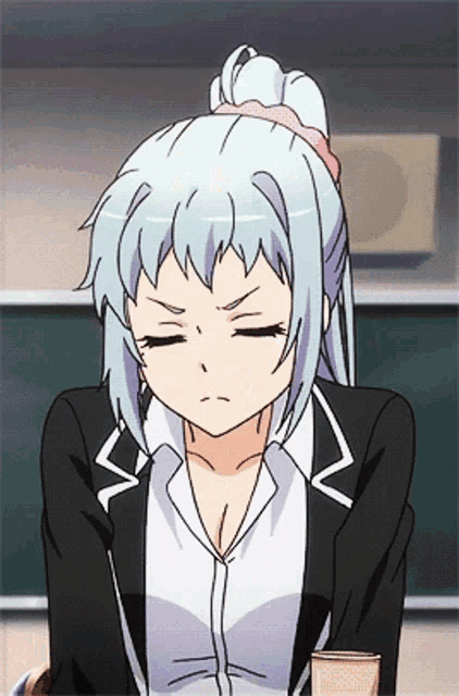 a girl with blue hair and a black jacket is making a funny face