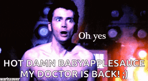 a shirtless man with a surprised look on his face says oh yes hot damn babyapplesauce my doctor is back