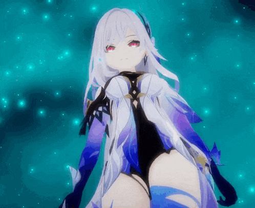 a girl with white hair and red eyes is standing in front of a blue sky