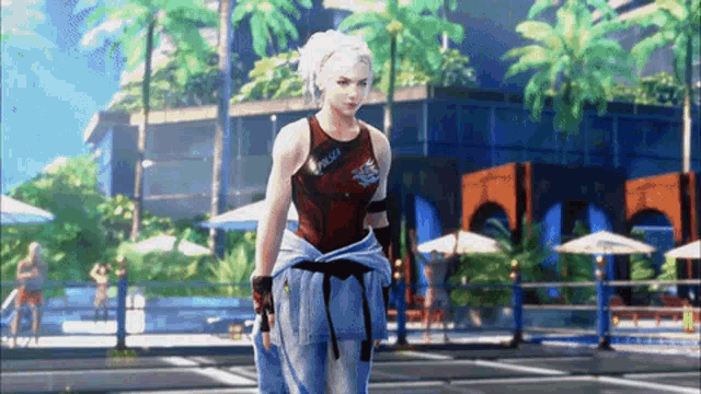 a woman in a video game is wearing a tank top that says mizu