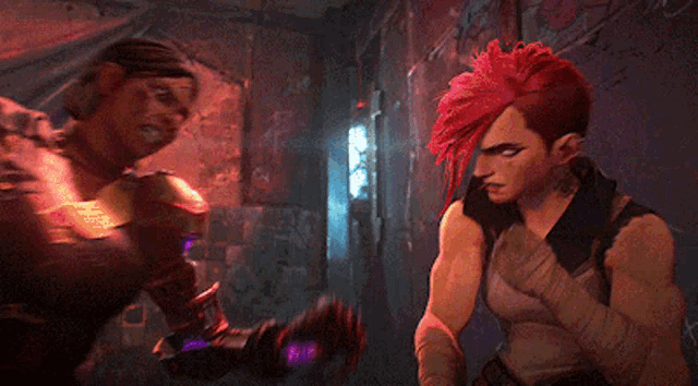 a man and a woman are fighting in a dark alleyway .