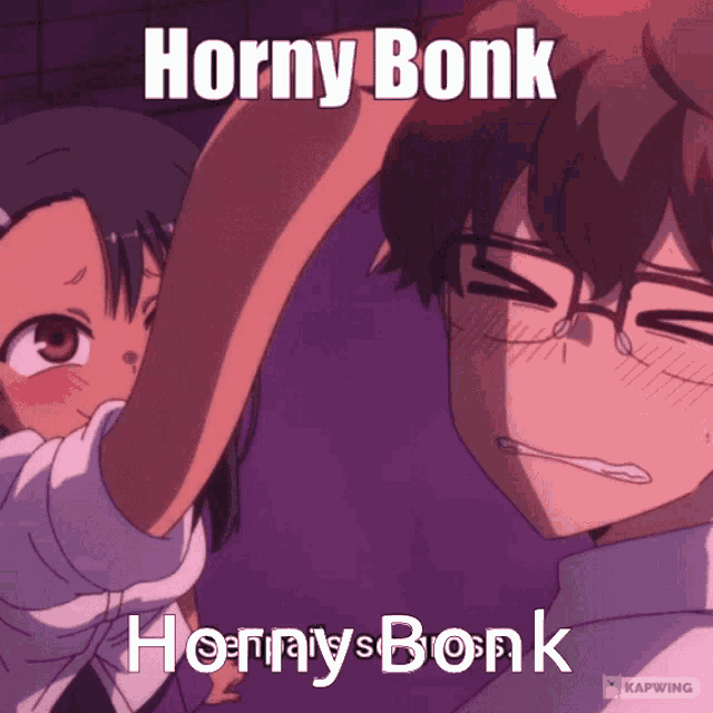 a picture of a boy and a girl with horny bonk written on the bottom