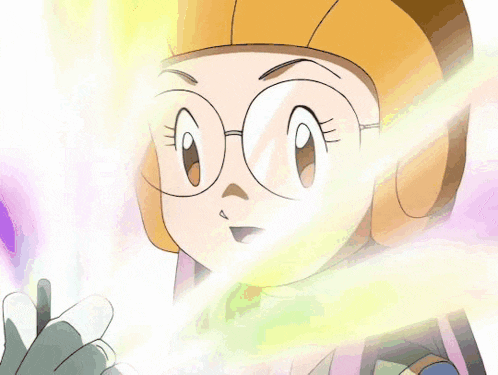 a cartoon character with glasses and a yellow hat is holding a purple object