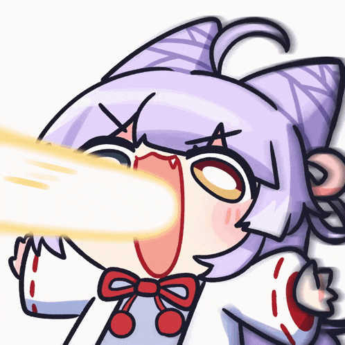 a cartoon drawing of a girl with purple hair and a bow tie