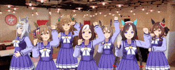 a group of anime girls are standing in a line with their arms up