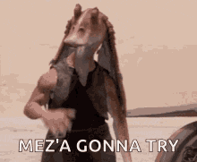 a cartoon character is standing in front of a car and says mez 'a gonna try