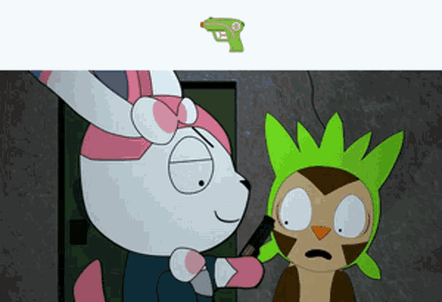 a cartoon of a rabbit and an owl with a green gun