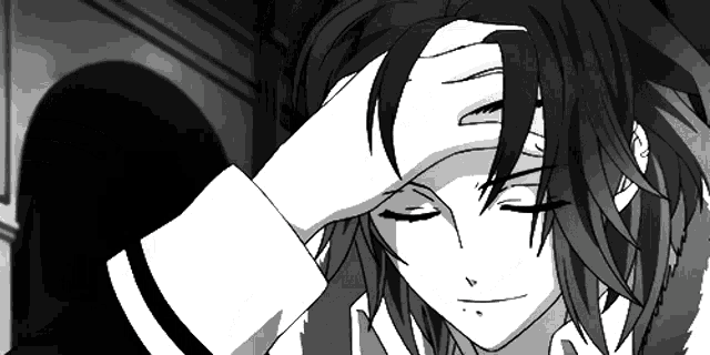 a black and white drawing of a person touching their head