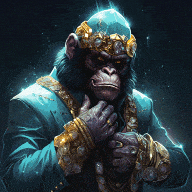 a chimpanzee wearing a crown and a blue jacket