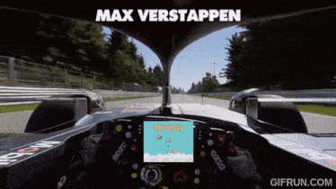 a gif of a racing car with the words max verstappen above it
