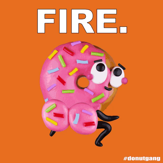 a pink donut with sprinkles on it and the word fire written above it