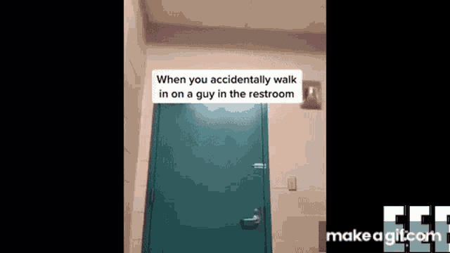 a person is walking in a restroom with a green door .