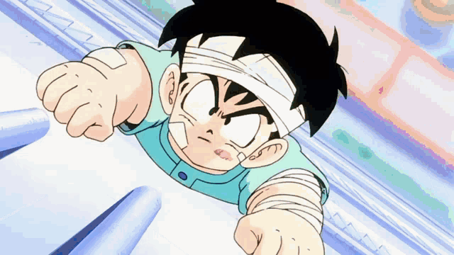 a cartoon character with a bandage on his head is flying through the air