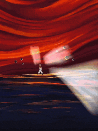 a painting of a person standing in front of a red and blue background