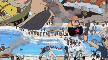 a cartoon drawing of a group of people standing around a swimming pool
