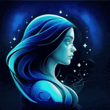 a painting of a woman with blue hair and stars