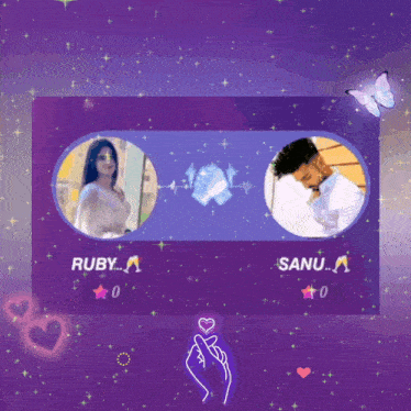 a picture of ruby and sanu with fireworks and hearts in the background