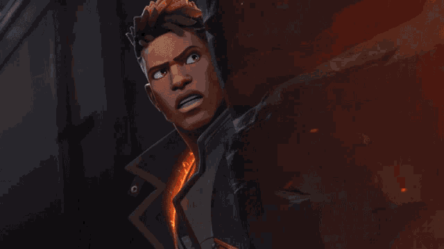 a man in a white jacket holding a gun in front of a fire