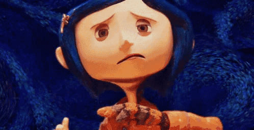 coraline from coraline the animated movie is making a sad face while holding a piece of wood .