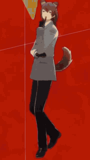 a man in a suit with a dog 's tail on his head