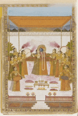 a painting of a group of women standing around a man holding a pearl necklace