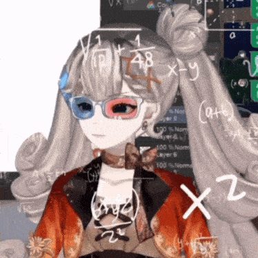 a girl wearing glasses is surrounded by math problems
