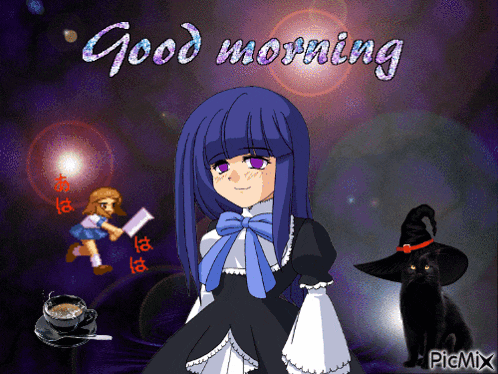 a picture of a girl and a cat with the words good morning