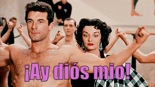 a shirtless man and woman are dancing with the words ay dios mio written in pink