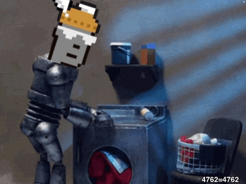 a robot is standing next to a washing machine with the number 4762 on the bottom right