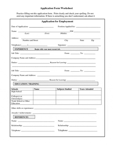 a black and white application form worksheet for an employment application