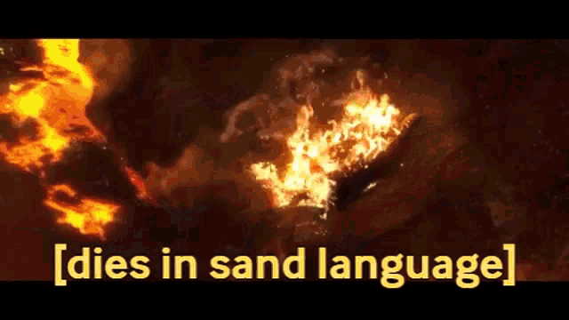 a picture of a fire with the words dies in sand language written above it .