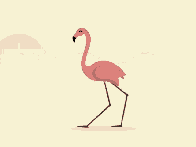 a pink flamingo with a yellow beak stands on a yellow background