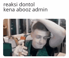 a man is sitting in a chair with his hand on his head and a caption that says reaksi dontol kena abooz admin .