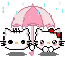a pixel art drawing of two hello kitty holding an umbrella in the rain