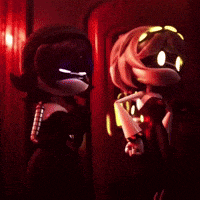 two cartoon characters are standing next to each other in a dark room ..