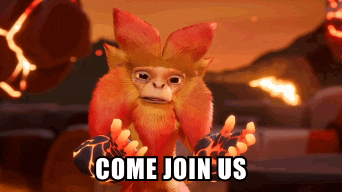 a cartoon monkey says come join us in a video game
