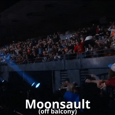 a crowd of people in a stadium with the words moonsault ( off balcony ) on the bottom