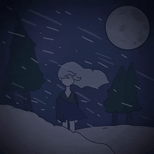 a drawing of a person standing in the snow with trees and a full moon in the background