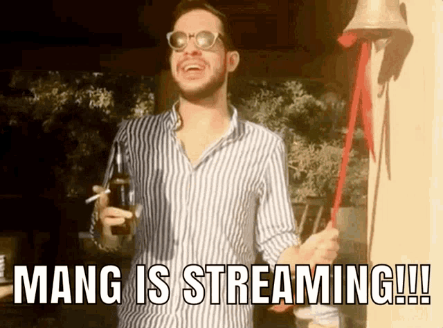 a man in a striped shirt is holding a bell that says mang is streaming !!!