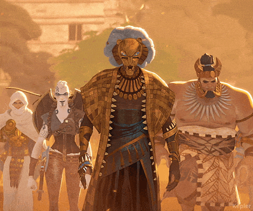 a group of cartoon characters are standing next to each other and one has a lion mask on